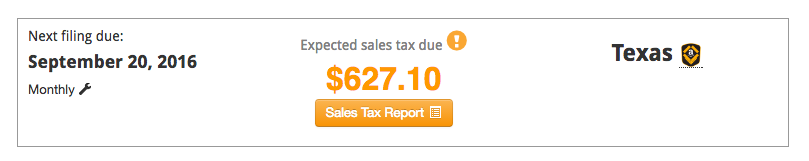 TaxJar Dashboard Texas Expected sales tax
