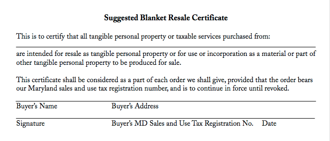Maryland resellers permit