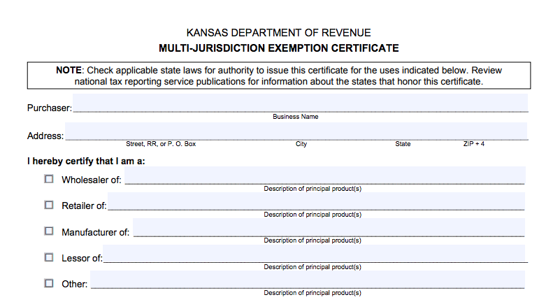Kansas multi-jurisdiciton resale certificate